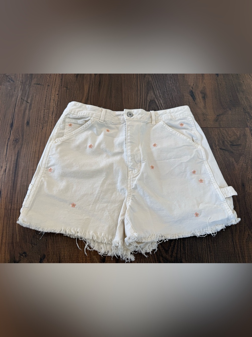 American Eagle Outfitters White Denim Shorts with Pink Embroidery